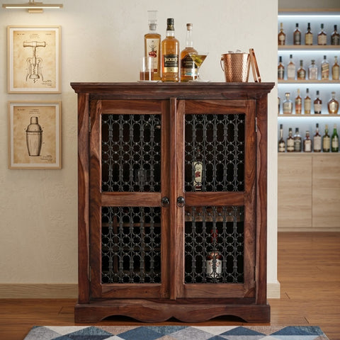 PRITI Solid Wood Drinks Cabinet | Sheesham Wood Bar Storage Furniture