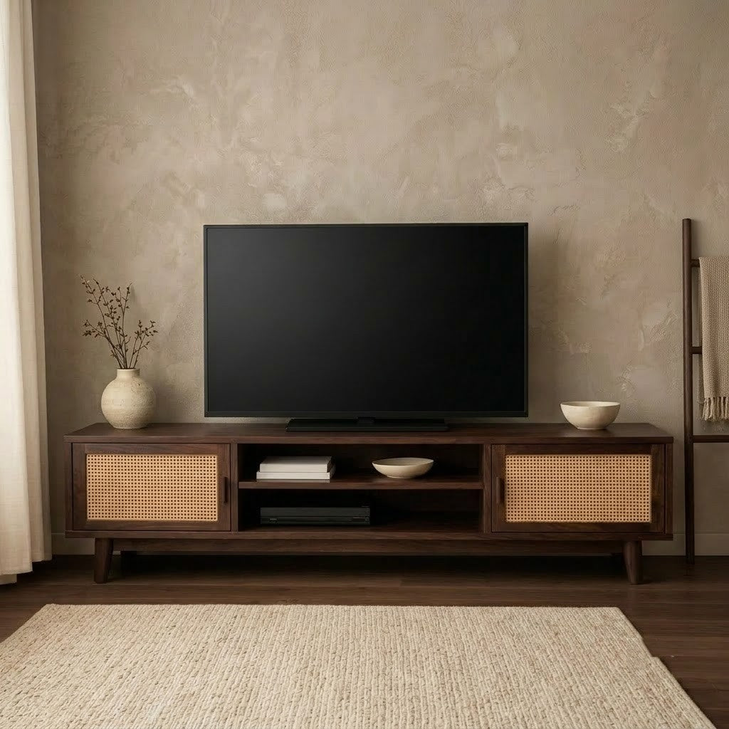PRITI Solid Wood Entertainment Unit with Cane Front Cabinets for Living Room