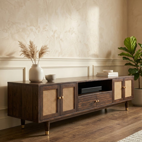 PRITI Solid Wood Entertainment Unit with Cane Panel Storage Cabinet