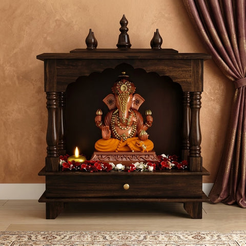 PRITI Solid Wood Pooja Mandir for Home – Intricate Carved Wall Temple