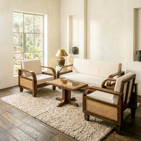 PRITI Solid Wood Sofa Set | Cane Detailing with Cream Boucle Upholstery