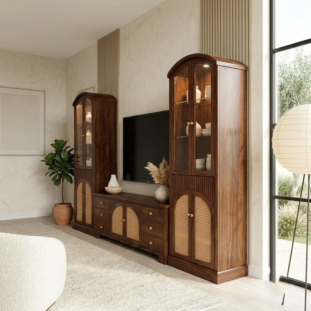 PRITI Solid Wood TV Cabinet with Cane Doors & Storage