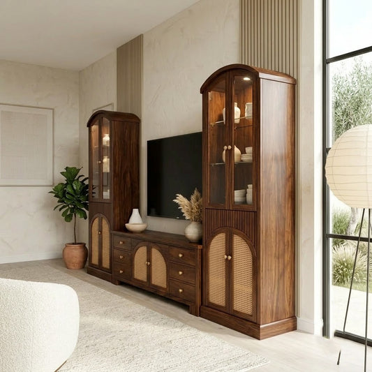 PRITI Solid Wood TV Cabinet with Cane Doors & Storage