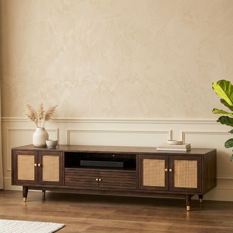 PRITI Solid Wood TV Unit with Cane Panel Cabinet – 70 Inch 