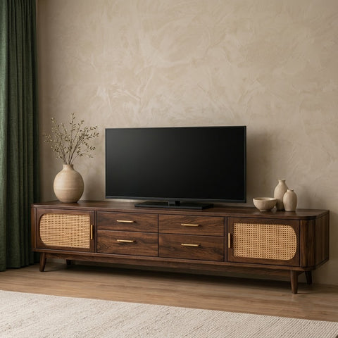 PRITI Solid Wood TV Unit with Cane Panel Cabinets in Dark Walnut Sheesham Finish