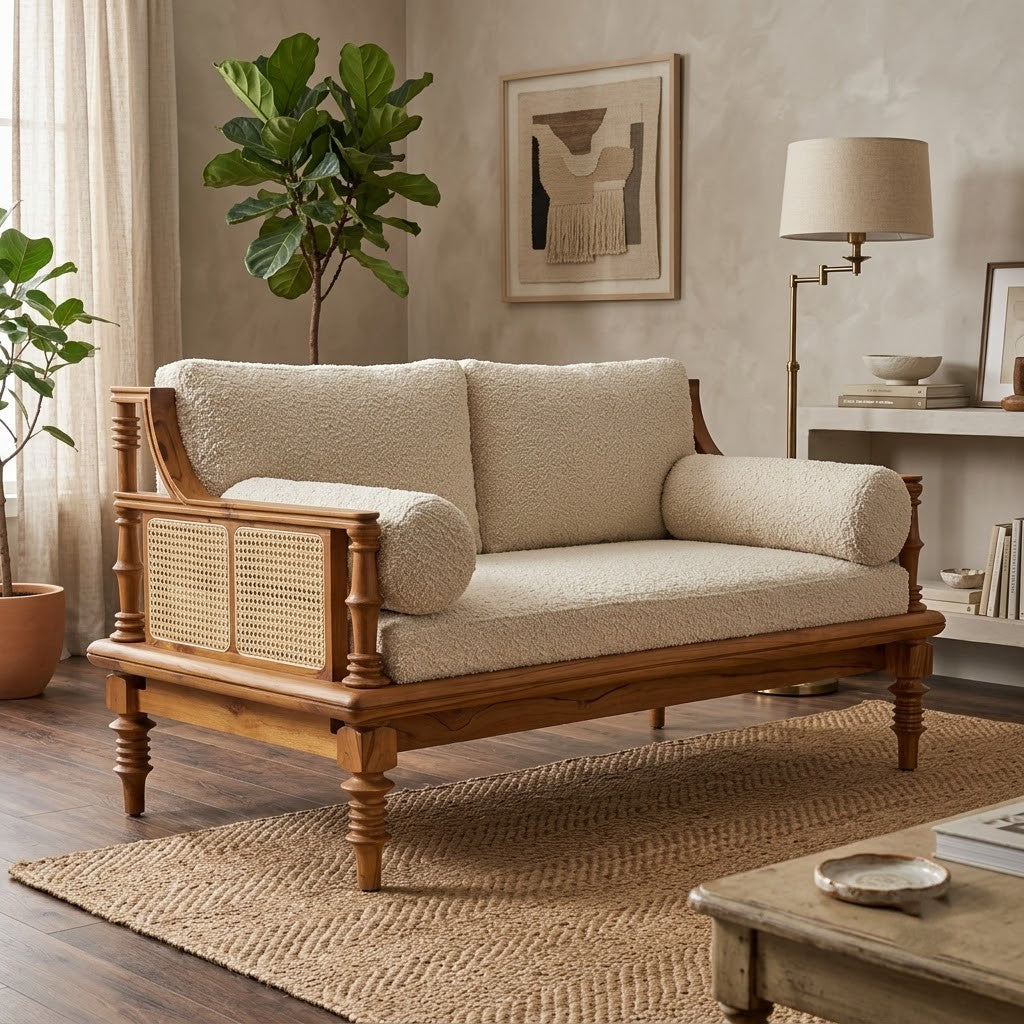 PRITI Teak Lounger Sofa with Creme Boucle Upholstery