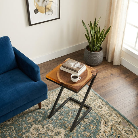 PRITI Teak Wood Accent Table | Stylish Resin Top Side Table for Living Room & Bedroom