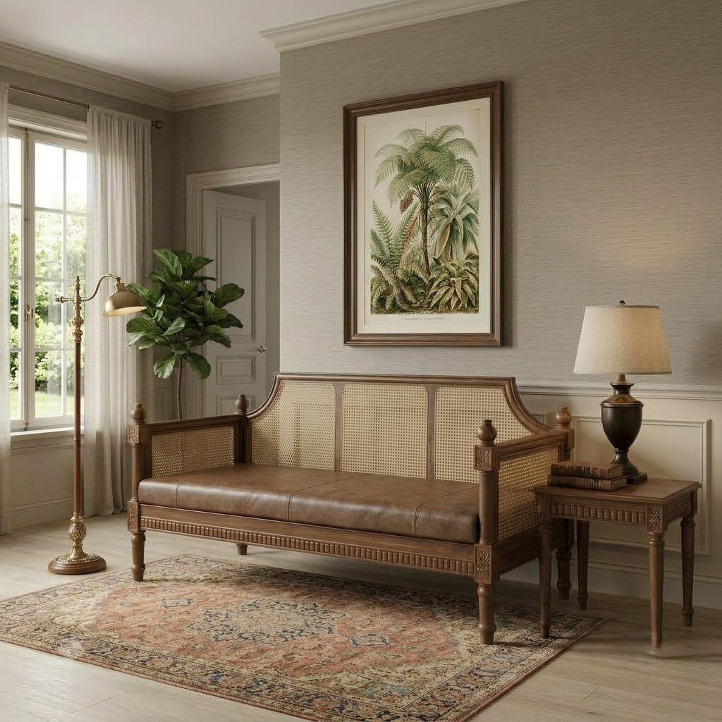 PRITI Teak Wood Sofa with Black Leather Upholstery