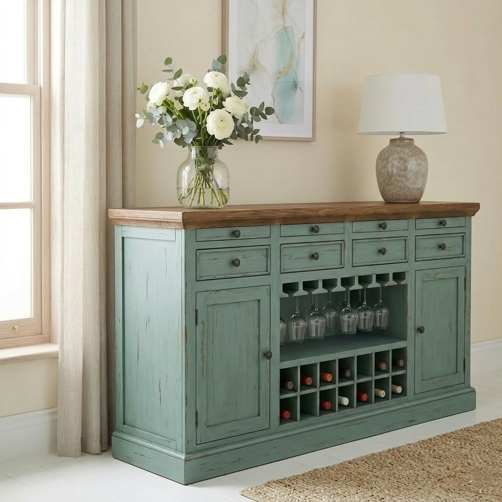 PRITI Teal Distressed Wooden Bar Cabinet | Drink Storage Cabinet for Home