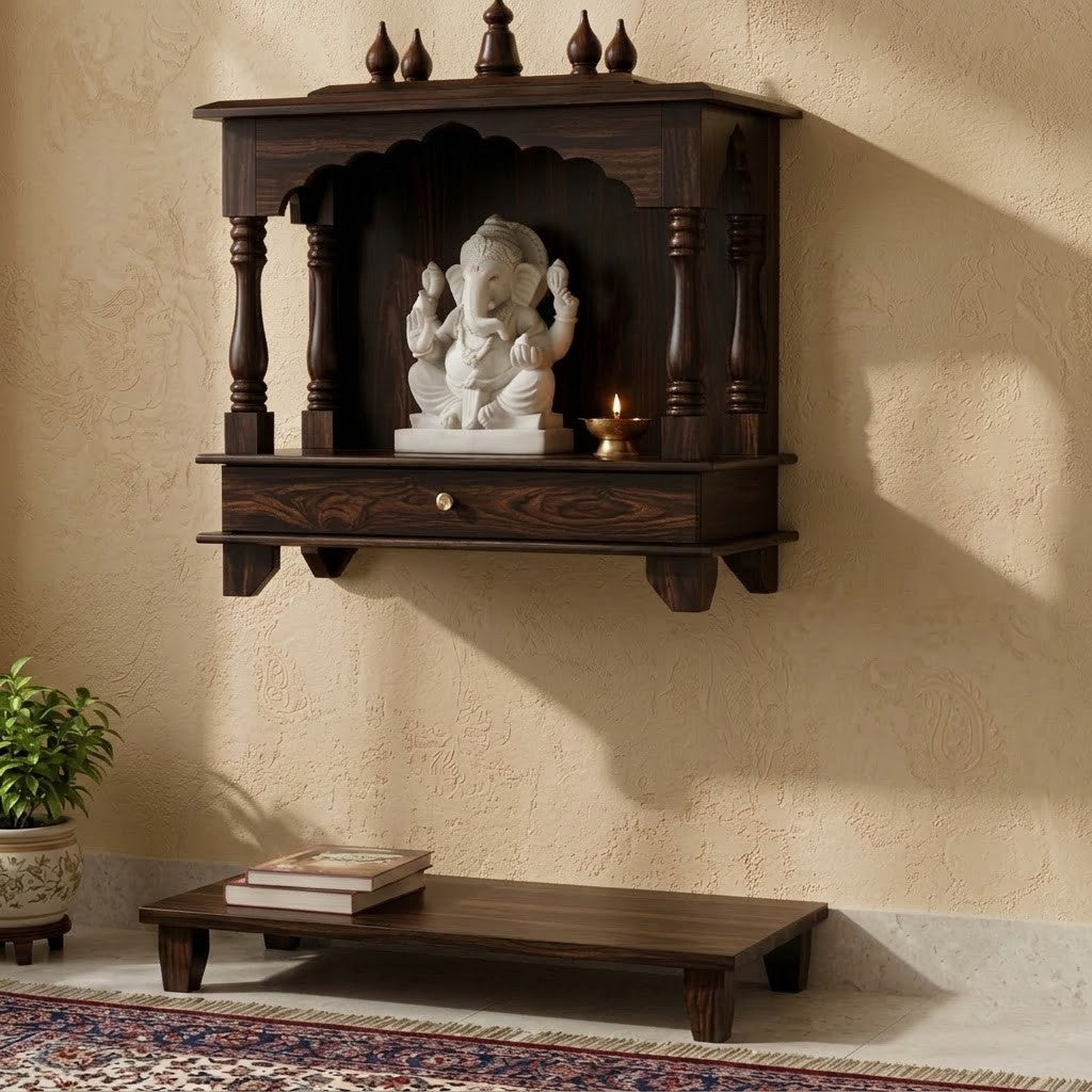 PRITI Traditional Solid Wood Wall Mandir – Dark Walnut Carved Pooja Unit