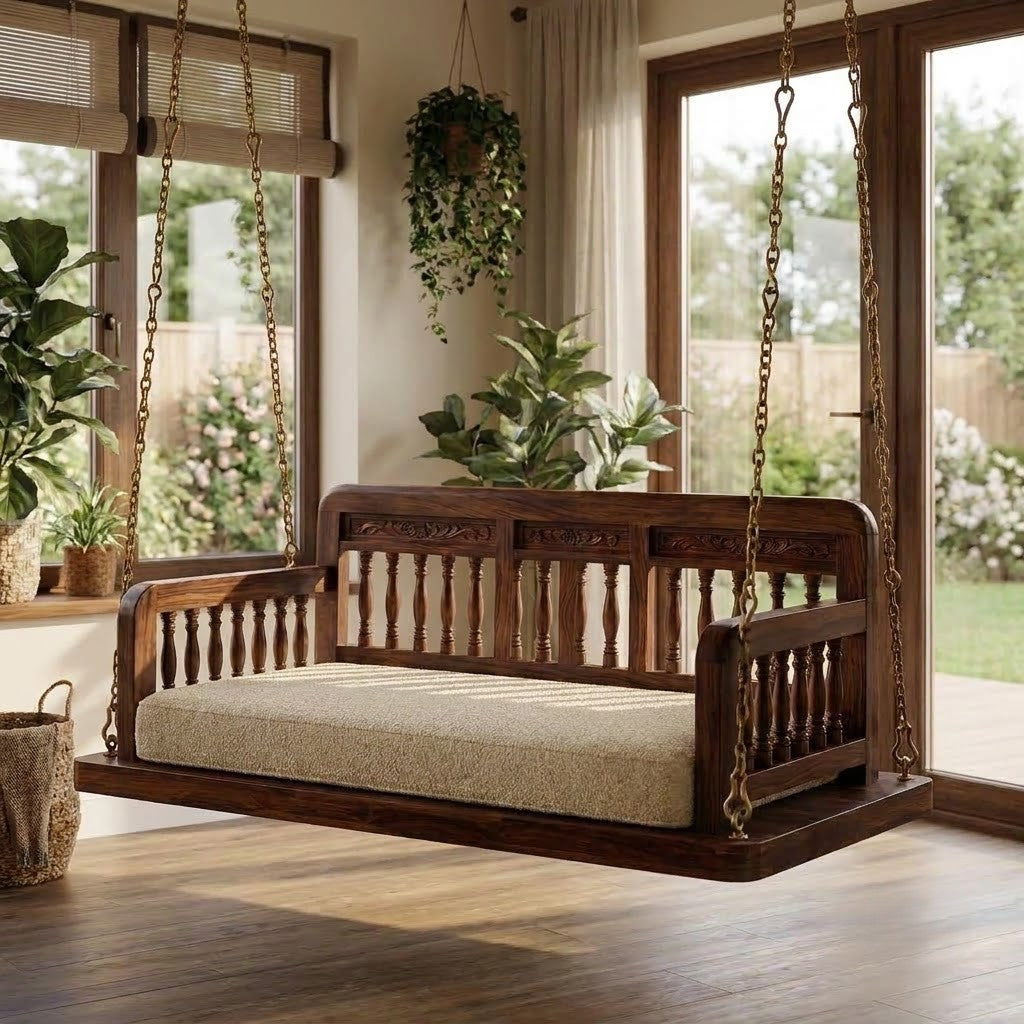 PRITI Traditional Wooden Jhula | Dark Walnut Sheesham Wood Swing for Home Décor