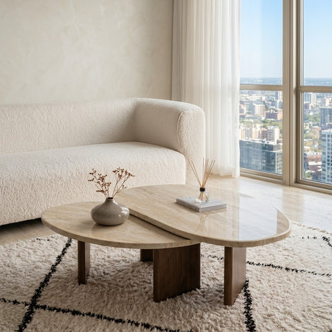 PRITI Travertine Finish Marble Nesting Coffee Table Set