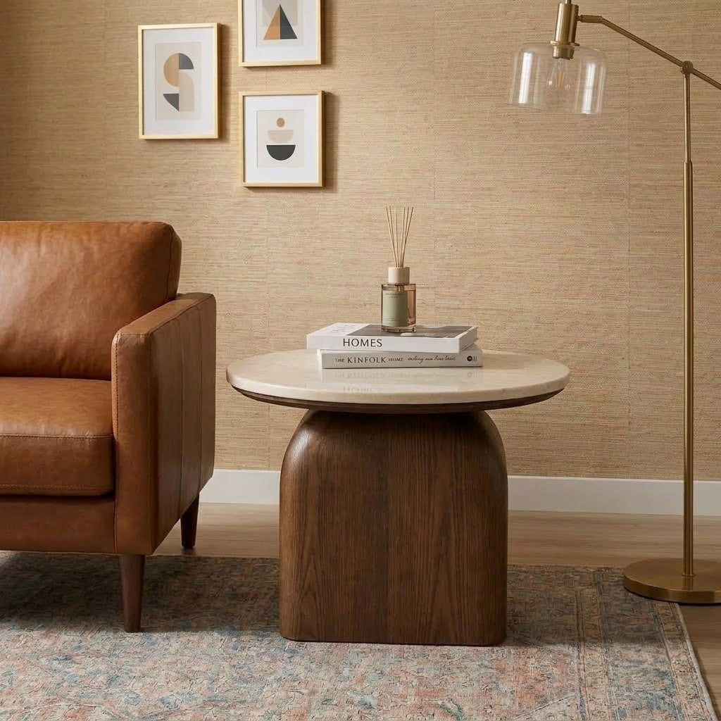 PRITI Travertine Marble Side Table with Solid Wood Arch Base