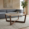PRITI Travertine Top Coffee Table – Modern Wood Frame Design