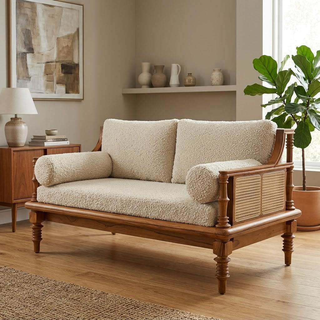 PRITI Two Seater Wooden Lounger Sofa in Creme Boucle