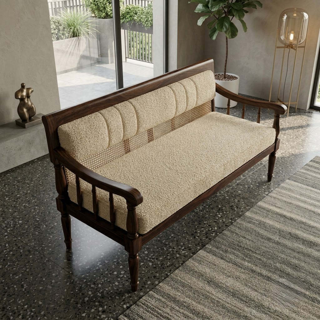 PRITI Upholstered Bedroom Bench with Crème Boucle Fabric and Wooden Frame