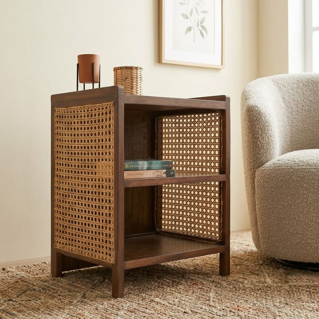 PRITI Vintage Cane Side Table | Teak Wood Accent Table for Living Room