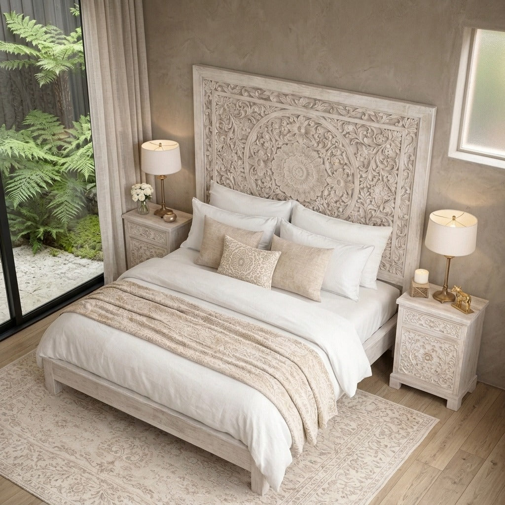 PRITI Vintage Style Handcrafted Solid Mango Wood Bed – White Distressed Finish