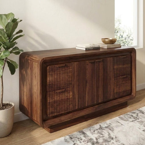 PRITI Walnut Finish Wooden Sideboard with Storage