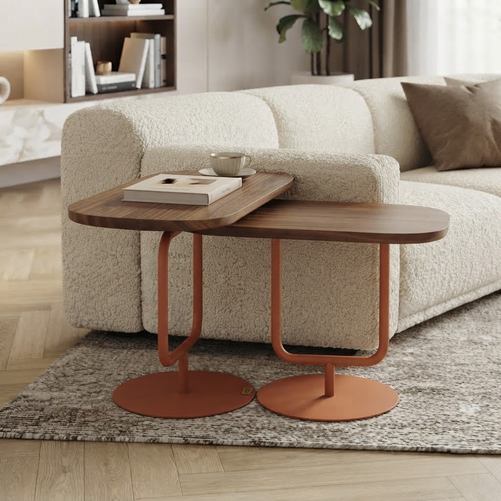 PRITI Walnut Nesting Tables with Terracotta Metal Base