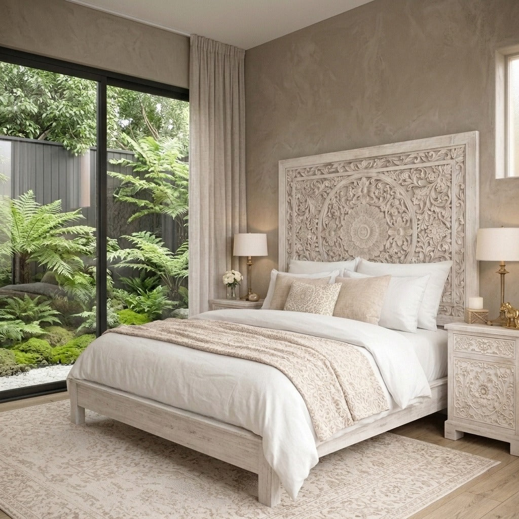 PRITI White Distressed Solid Mango Wood Bed for Bedroom