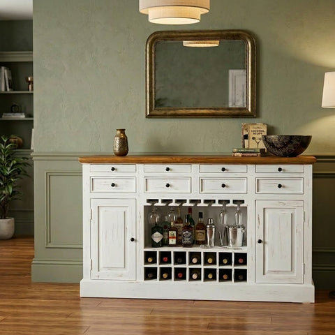 PRITI White Distressed Wooden Bar Cabinet | Drink Storage Cabinet for Home
