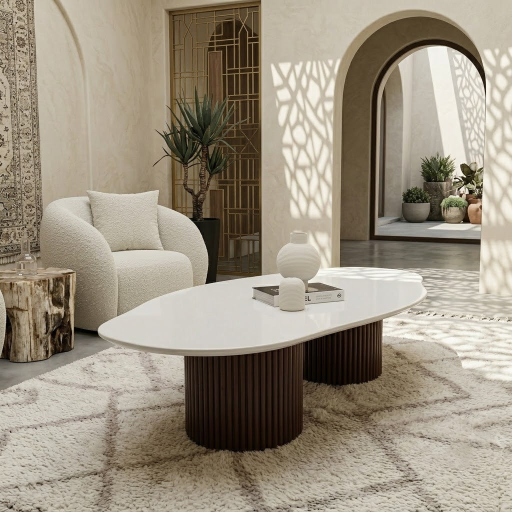 PRITI White Quartz Irregular Coffee Table – Modern Dual Base Centre Table