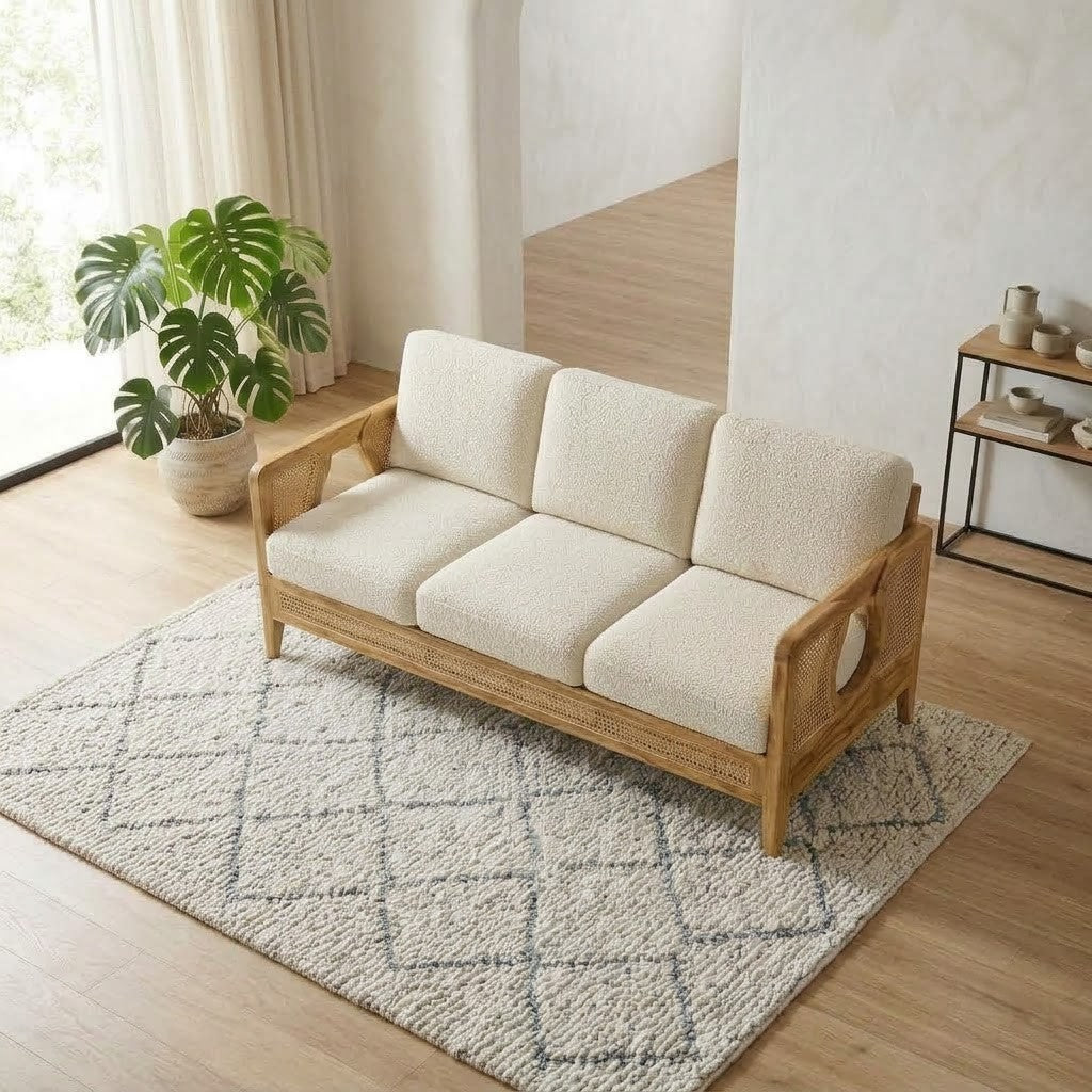 PRITI Wood and Cane Sofa for Living Room (Natural Mango Wood, Cream Boucle)