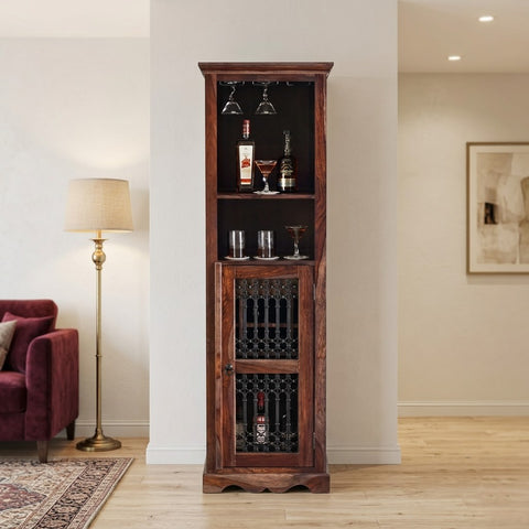 PRITI Wooden Bar Cabinet for Home | Sheesham Wood Drinks Storage