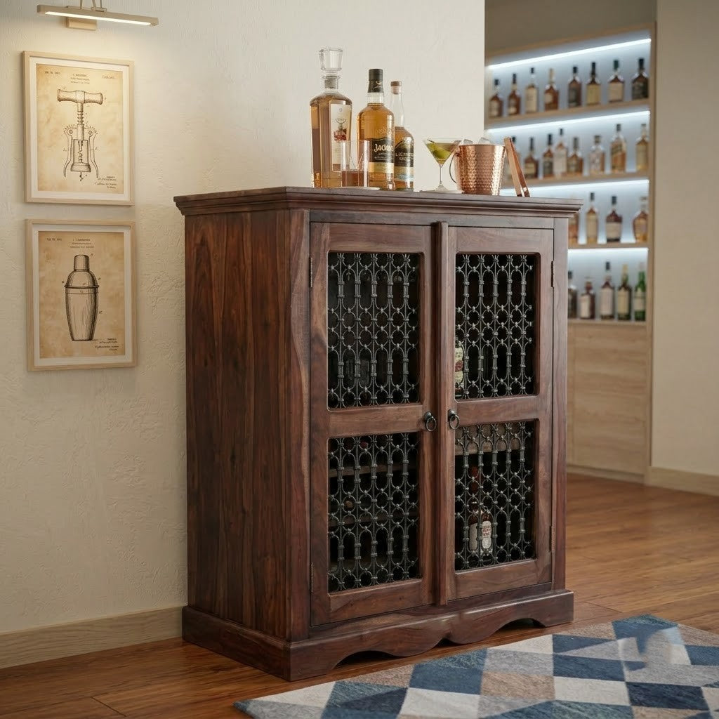 PRITI Wooden Bar Cabinet for Home | Sheesham Wood Wine Storage Unit