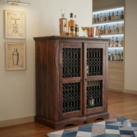 PRITI Wooden Bar Cabinet for Home | Sheesham Wood Wine Storage Unit