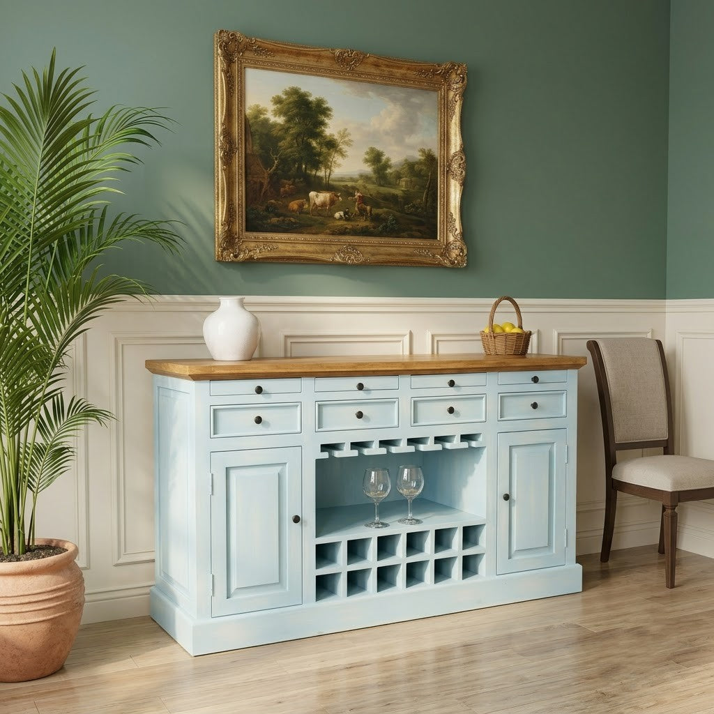 PRITI Wooden Bar Cabinet with Bottle & Glass Storage | Blue Distressed Finish