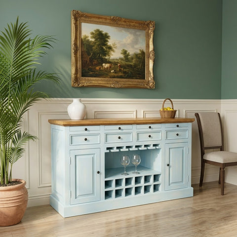 PRITI Wooden Bar Cabinet with Bottle & Glass Storage | Blue Distressed Finish