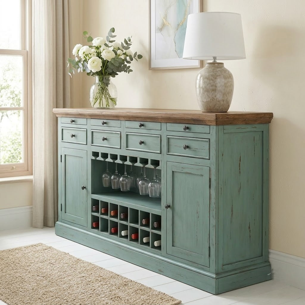 PRITI Wooden Bar Cabinet with Bottle & Glass Storage | Teal Distressed Finish