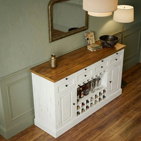 PRITI Wooden Bar Cabinet with Bottle & Glass Storage | White Distressed Finish