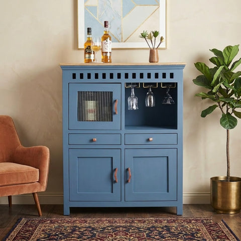 PRITI Wooden Bar Cabinet with Glass Door | Mango Wood Bottle Storage