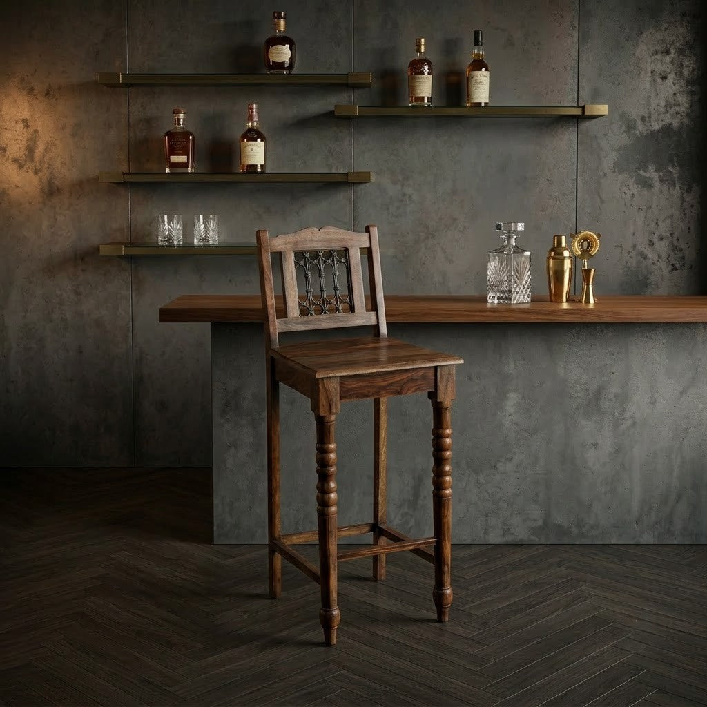 PRITI Wooden Bar Chair with Powder Coated Metal Jali – Grey