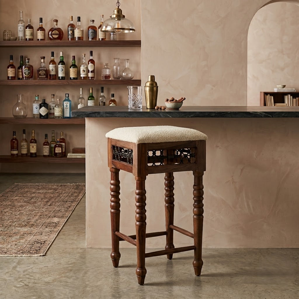 PRITI Wooden Bar Stool for Home | Sheesham Wood Upholstered Seat