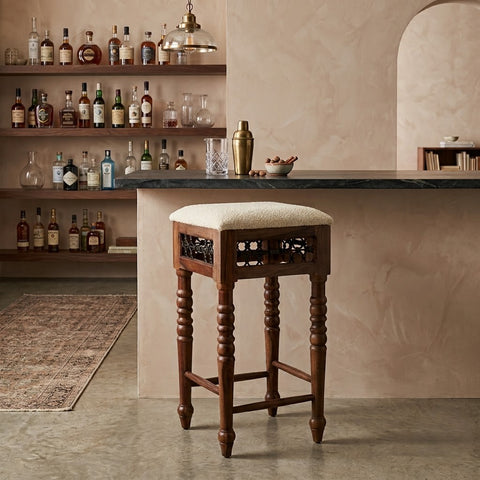 PRITI Wooden Bar Stool for Home | Sheesham Wood Upholstered Seat