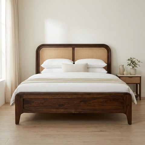 PRITI Wooden Bed with Cane Weaving Headboard Design | Bed without Storage