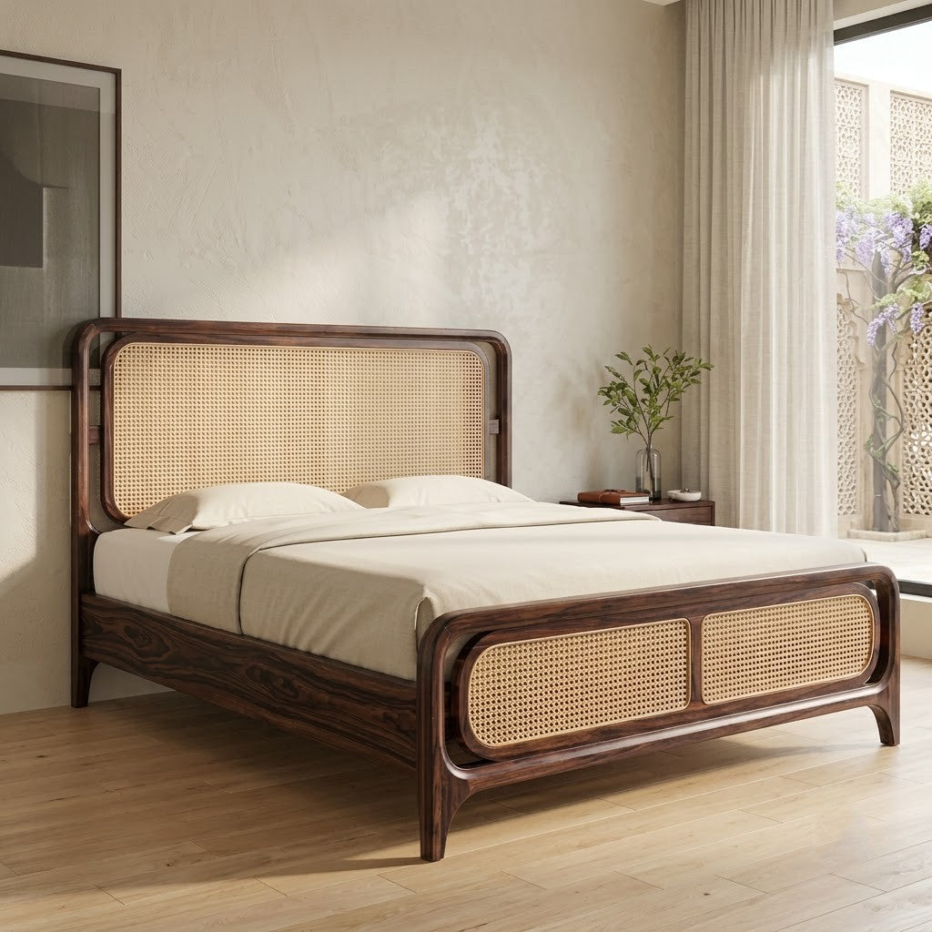 PRITI Wooden Bed with Cane Weaving Headboard | Dark Walnut