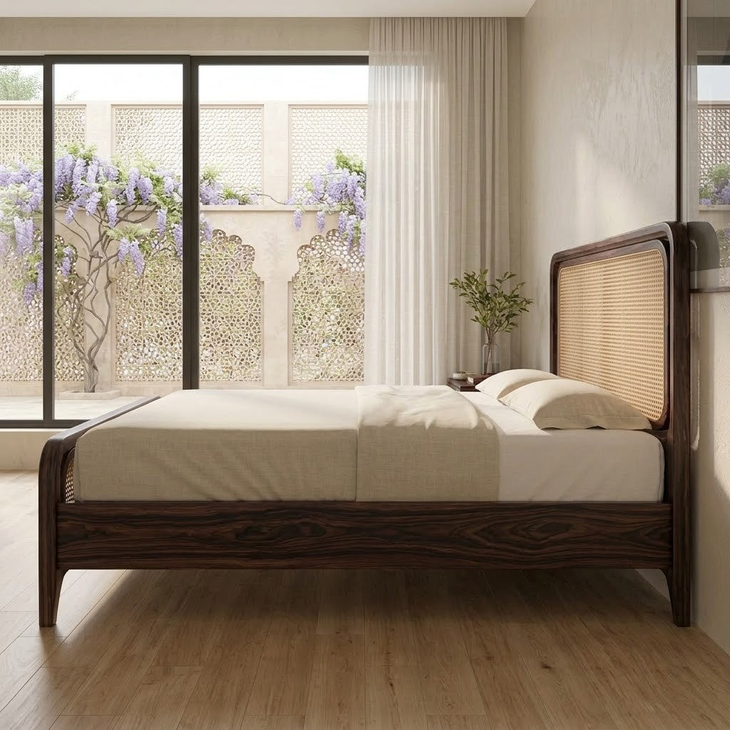 PRITI Wooden Bed with Cane Weaving Headboard Design – Dark Walnut Sheesham Wood