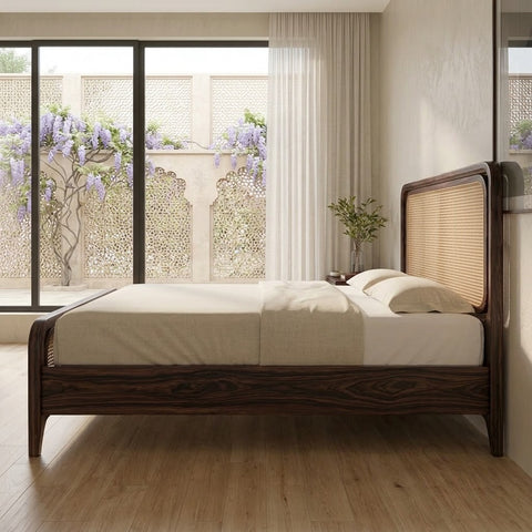 PRITI Wooden Bed with Cane Weaving Headboard Design – Dark Walnut Sheesham Wood