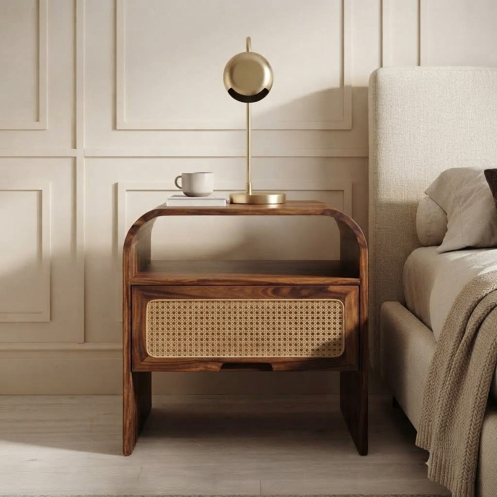 PRITI Wooden Bedside Table with Cane Detailing and Open Shelf