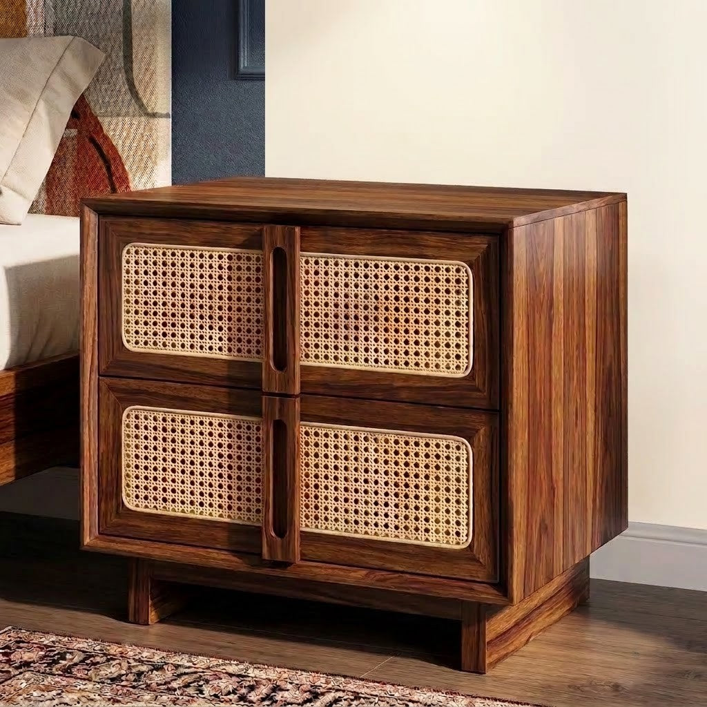 PRITI Wooden Bedside Table with Cane Front Storage Cabinet