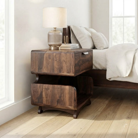 PRITI Wooden Bedside Table with Drawer and Cabinet