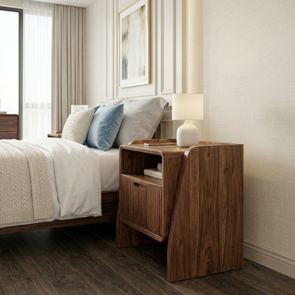 PRITI Wooden Bedside Table with Enclosed Drawer and Open Storage