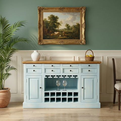 PRITI Wooden Drink Cabinet Bar Counter in Blue Distressed Finish | Home Bar Cabinet