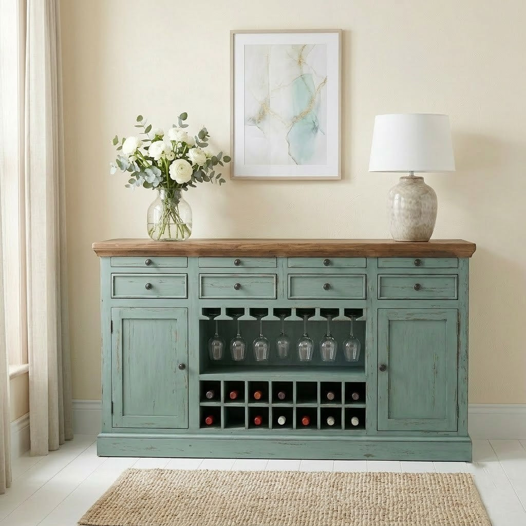 PRITI Wooden Drink Cabinet Bar Counter in Teal Distressed Finish | Home Bar Cabinet