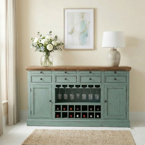 PRITI Wooden Drink Cabinet Bar Counter in Teal Distressed Finish | Home Bar Cabinet